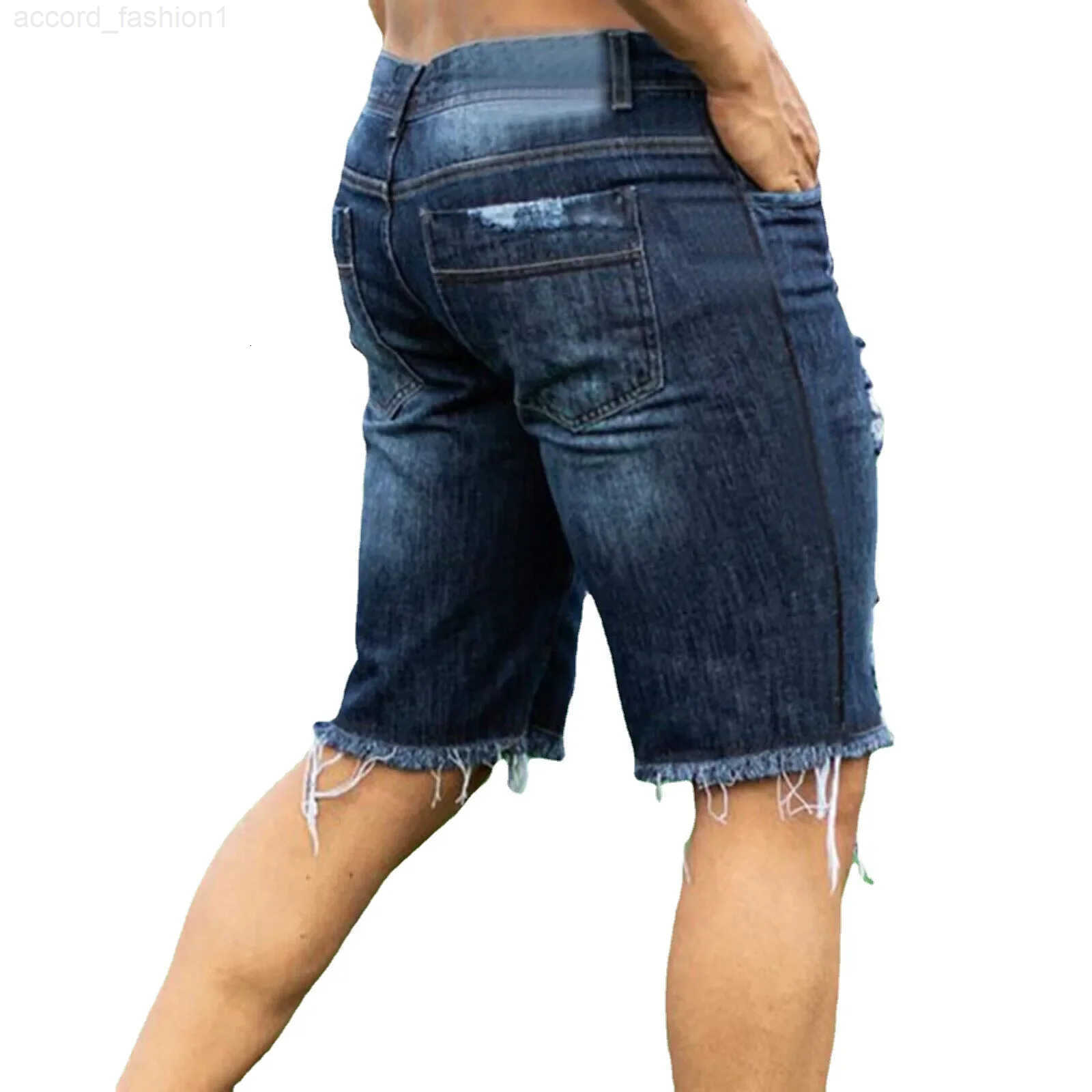 Men Jeans Denim Pants Holes Washing Knee Length Mid Waist Pockets Zipper Fly Solid Color 2025 Slight Strech Casual Slim H260330