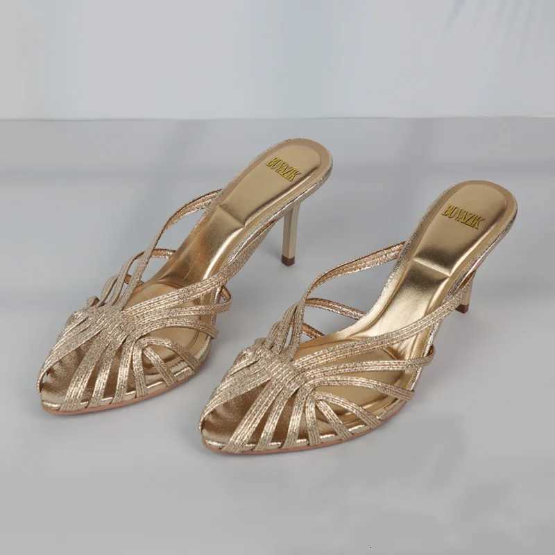 New Gold Hollow Thin Strip Heels for Women Luxury Pointed Toe Heeled Pumps Office Lady Mules Summer Stiletto Shoe Sandals 2025 Z260330