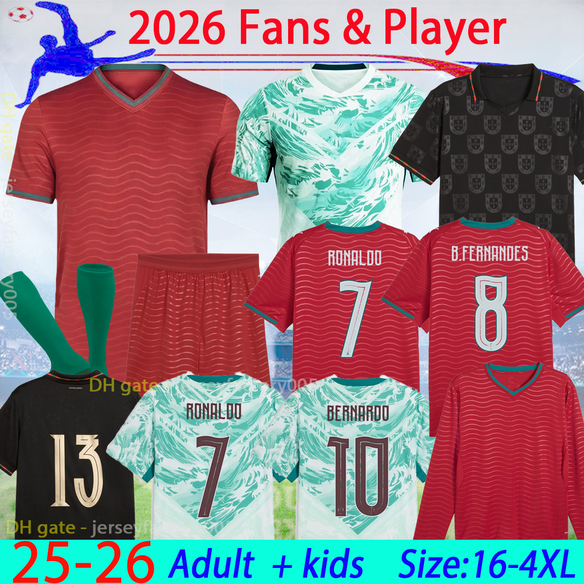 2026World Cup Portugal soccer Jerseys Ronaldo men kids kit FANS player version 26 27 CR7 DANILO Football shiirts BRUNO FERNANDES JOAO FELIX RUBEN RAFA LEAO size 16-4XL