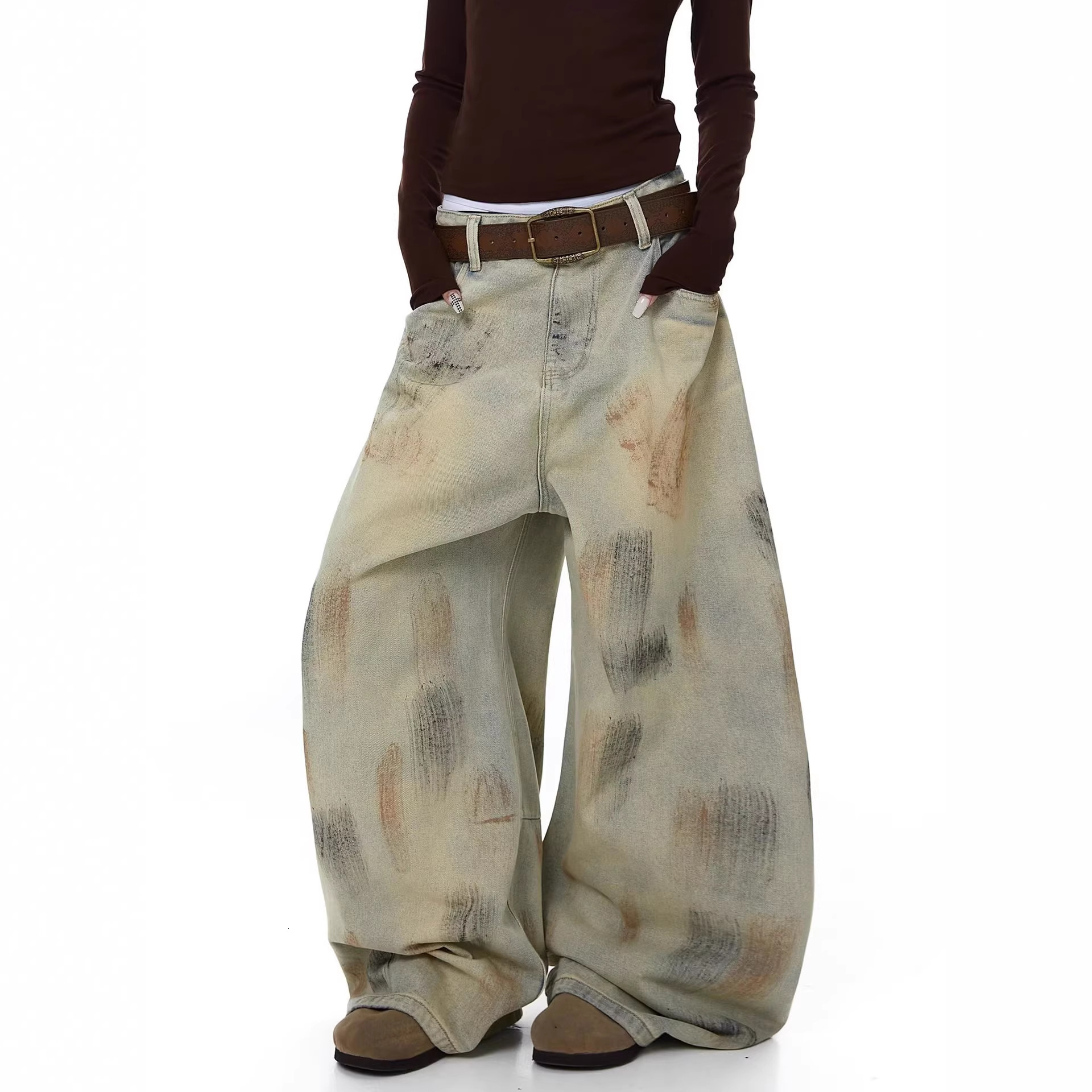 American-style spicy girl wasteland-style dirty-dyed jeans for women, summer design, loose fit, foreign trade cross-border jazz dance curved pants