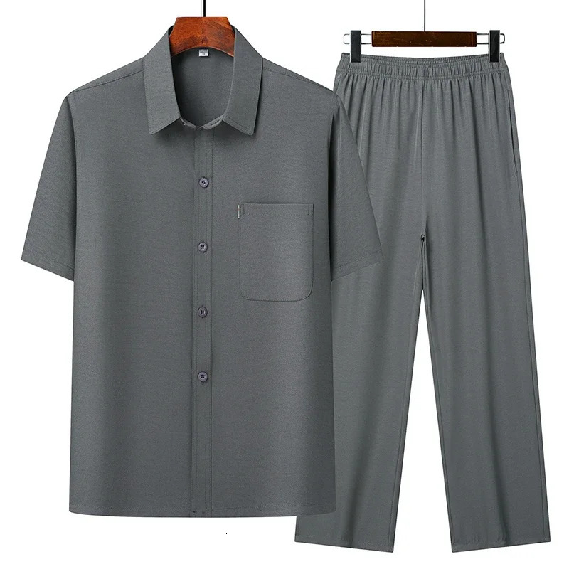 Top Pants Summer Leisure All Match Middle-aged and Old Dad Men Fashion Trend Grandpa Loose Lapel Half-sleeve Shirt Set 260330