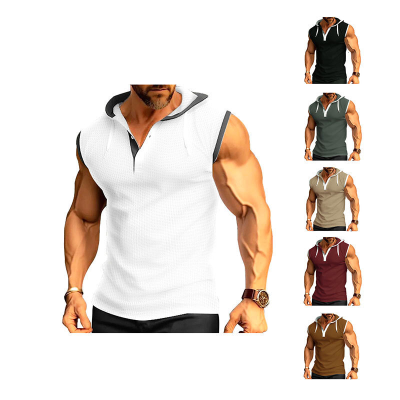 European and American cross-border Amazon 2024 summer new men's vest heavy-duty hooded sleeveless T-shirt trendy casual wear