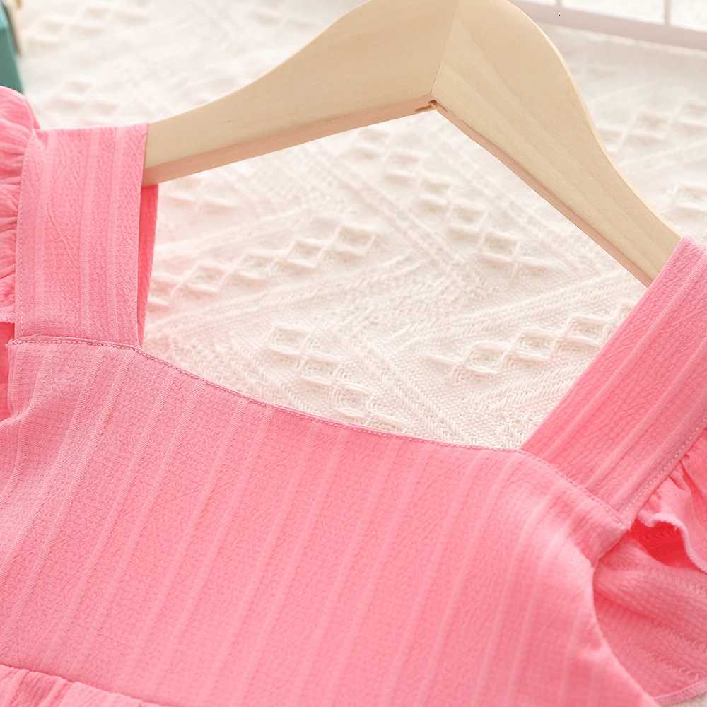 Girls Cake Princess Dress Solid Color Suspender Flying Sleeve Pink Dress Casual Kids Clothes Fashion Summer WearT260330