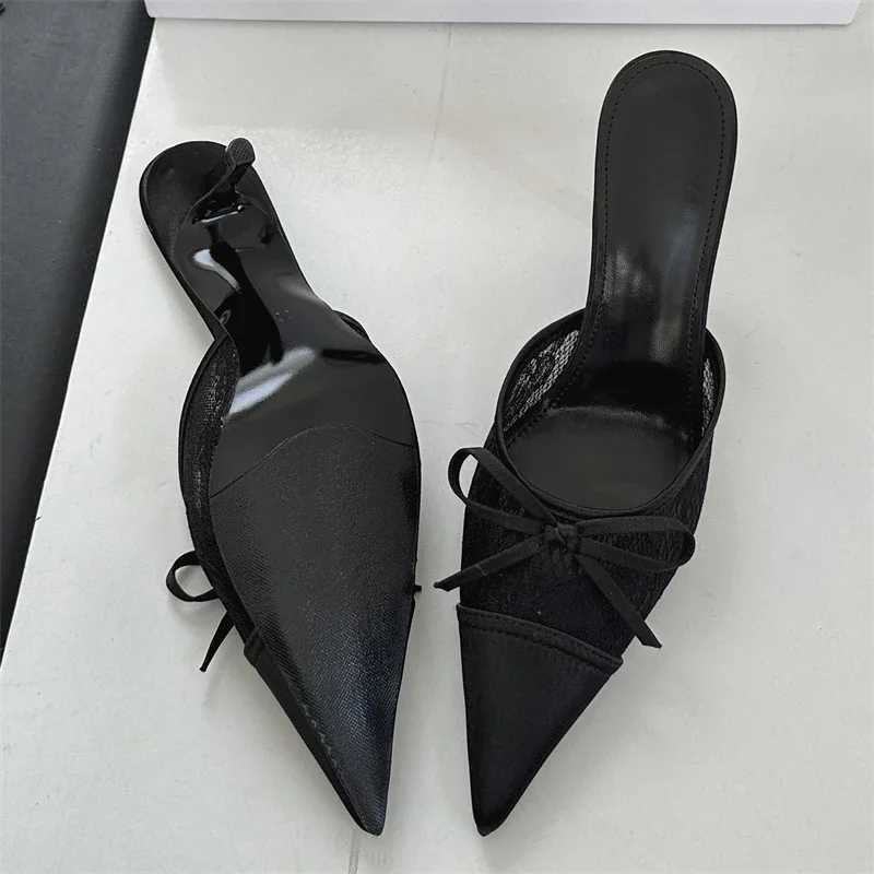 Eilyken Elegant Mesh Fabric Butterfly-knot Pointed Toe Slippers Women Sexy Thin Heels Party Prom Mule Shoes Z260330
