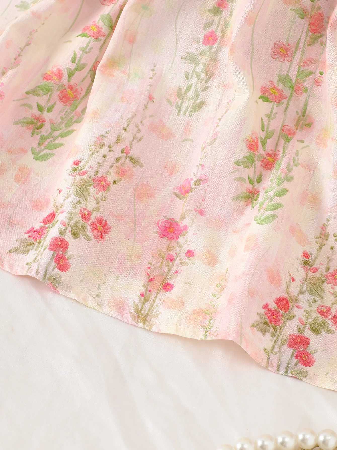 Baby Girls Pink Floral Ruffle Long-Sleeve Dress Spring and Autumn Princess Dress with Ruffled Edges Childrens Fresh Pastoral Style DressT260330
