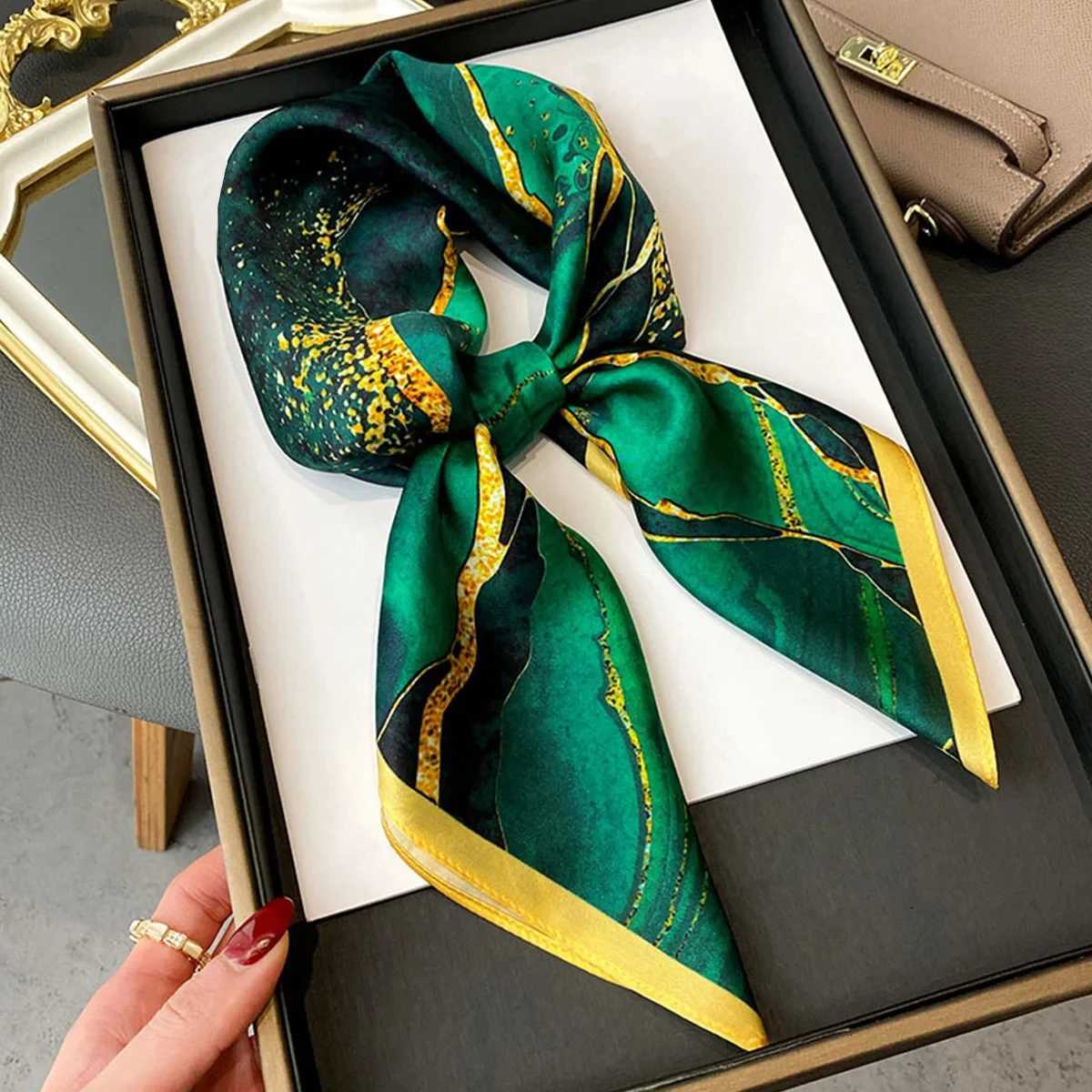 Dark Green River Print Neckerchief Vintage Imitation Silk Square Scarf Bandana Breathable Head Wrap Hair Accessories Z260330