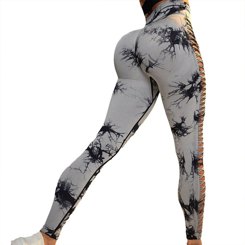 Hollow-out yoga pants, high-waisted peach butt-lifting sports fitness pants, breathable tie-dye seamless yoga wear for women
