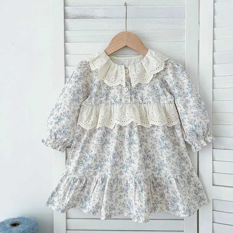 French Spring Children Girl Dress Lace Collar Infant Baby Girls Princess Dress Floral Printed Kids Girls Dress Long Sleeve DressT260330