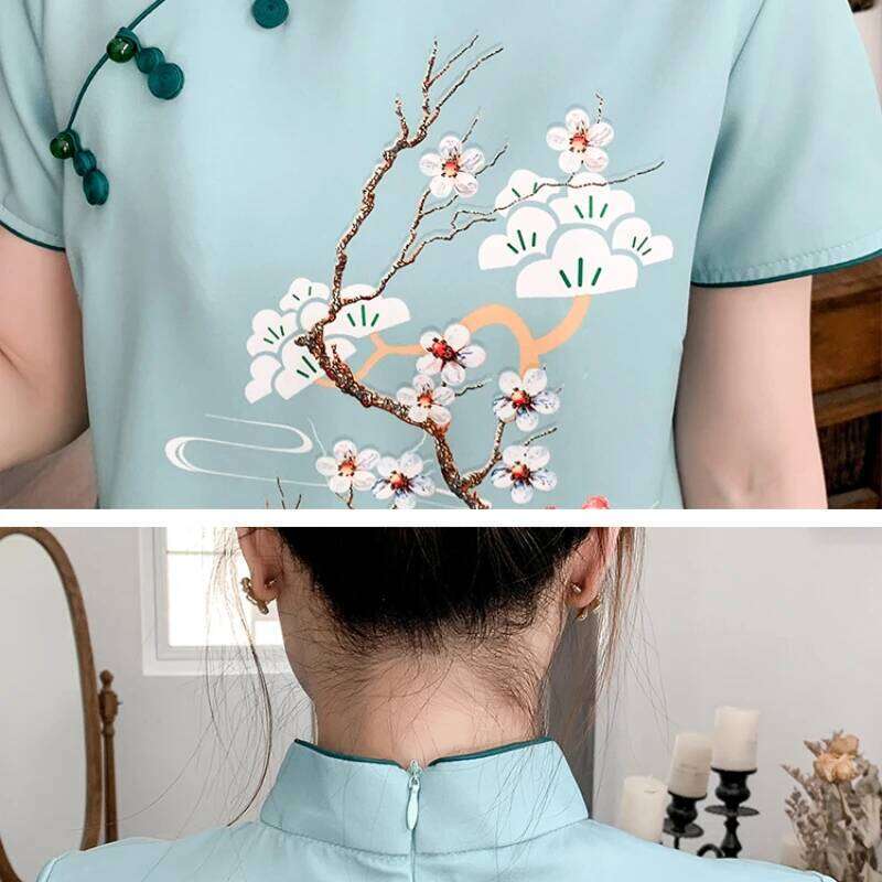 Plus Size M-4Xl 2021 New Blue Loose Fashion Modern Cheongsam Dress Women Short Sleeve Qipao Traditional Chinese Style Clothes MAKOUFEI
