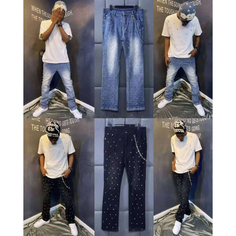 Blue Stretchy Pearls Skinny Jeans For Men New Fashion Rhinestone European Street Personality Stacked Denim Pants 26Y0330