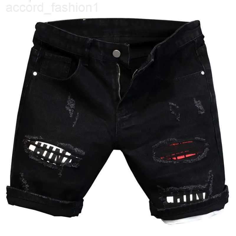 Korean Fashion Boyfriend Denim Shorts Mens Youth Summer New Black Washed Ripped Color Patch Slim-fitting Cargo Half Pants H260330