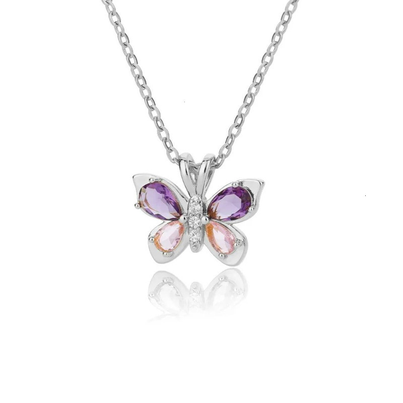 Cute Butterfly Necklace For Women Stainless Steel Crystal Purple Zircon Aesthetic Charms Collar Choker Jewelry Party