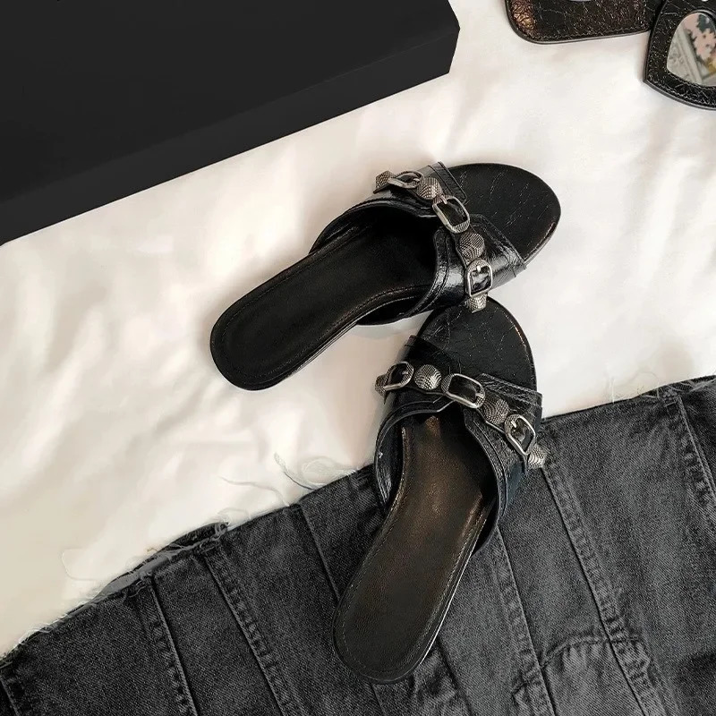 Summer Womens Studded Black Slippers Sexy Spice Punk High Heels Party Shoes 260330