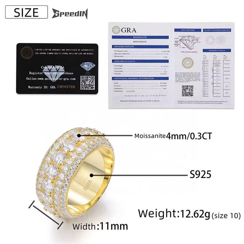 Hip Hop Iced Out 925 Silver Pass Diamond Tester 5 Rows VVS Moissanite GRA Rapper Dazzling Sparkly Eternity Band Ring for Men