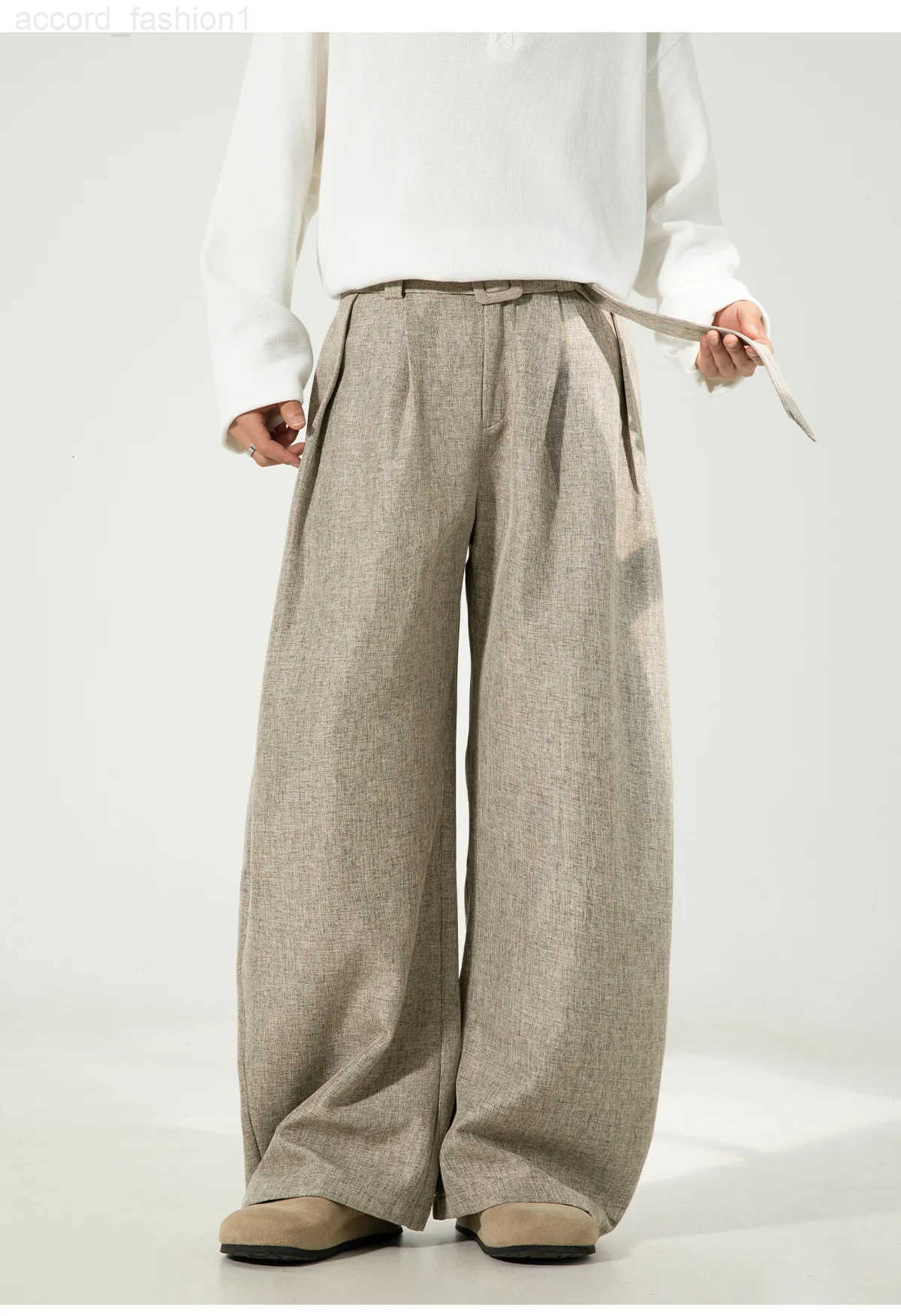 Mens Pleated Drape Curved-Leg Trousers Loose-Fit Straight-Leg Pants Retro-Style Belted Casual Pants H260330