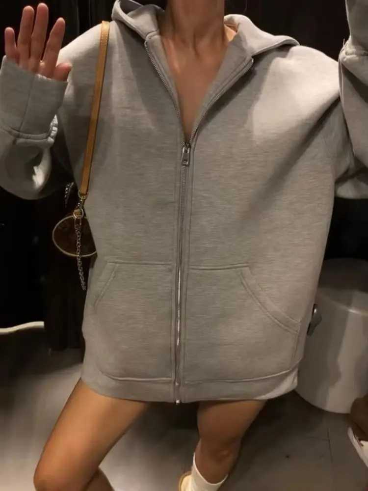 HH Autumn Winter Womens Zipper Hoodie Coat High Street Double Pockets Oversize Jakcet Loose Sweatshirts Outerwear TopT260328