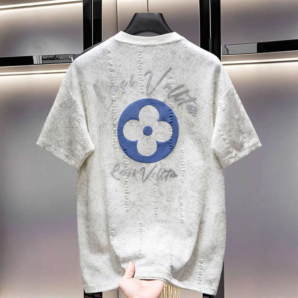 European fashion design distressed printed short-sleeve T-shirt luxury summer round neck loose trendy versatile half-sleeve shirt