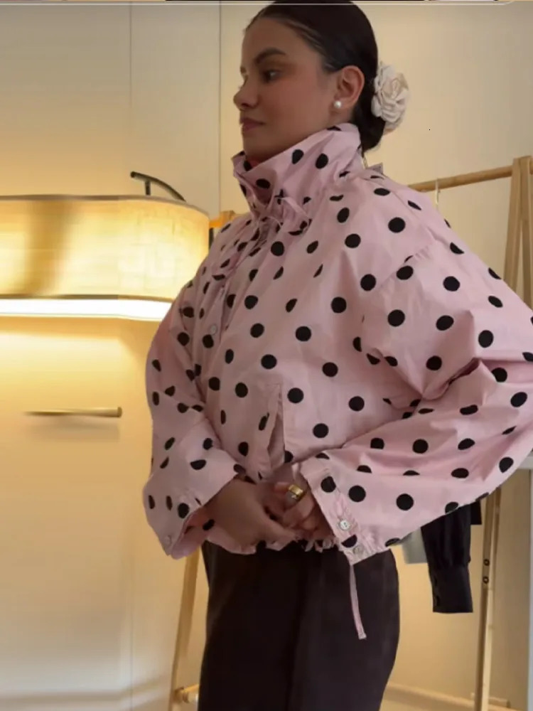 Chic Polka Dot High Neck Short Jacket For Women Long Sleeve Loose Lace Up Coat Commuter Casual Outwears 2026 Lady Streetwear 260326