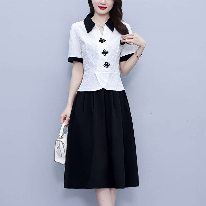 Plus-Size Women's Clothing : Stylish Button-Down Short-Sleeve Top Fashionable Age-Reducing Skirt Set For Middle-Aged Mothers Qipao Hanfu Silk