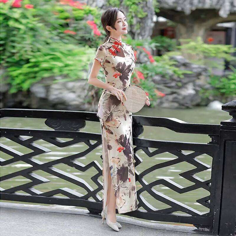 Women New Plus Size Summer Long Cheongsam Lined Vintage Evening Dress Slim Elegant Wedding Show Costumes Qipao M To 5Xl MAKOUFEI