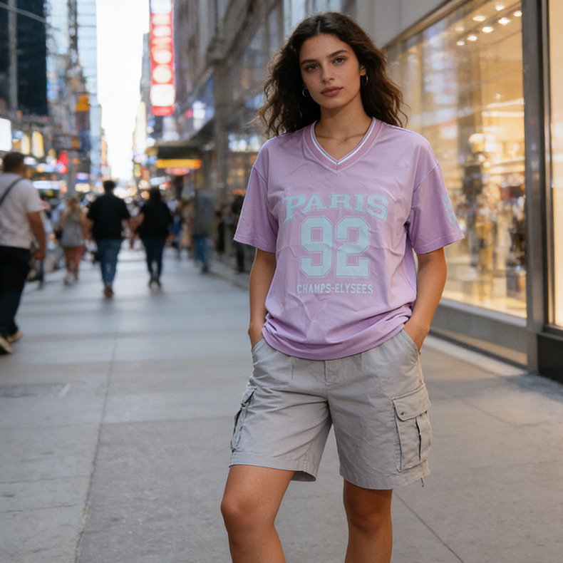 Kids Girls Pink V-Neck "PARIS 92" Print T-Shirt, Casual Short Sleeve Jersey Top