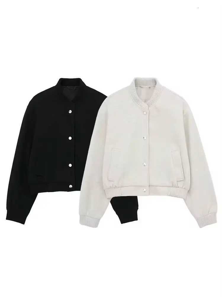 HH 2024 Female Street Fashion Solid Bomber Jacket Long Sleeves With Pockets Single Breasted Autumn Casual Coats Retro TopsT260328