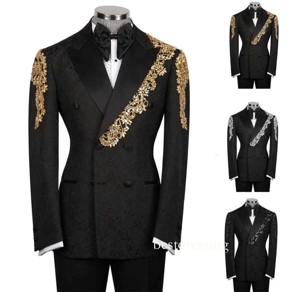 Luxury Men Suits 2 Pcs Jacket Pants Peak Lapel Appliques Rhinestones Wedding Tuxedo Groom Wear Business Prom Evening Party Customized D0330