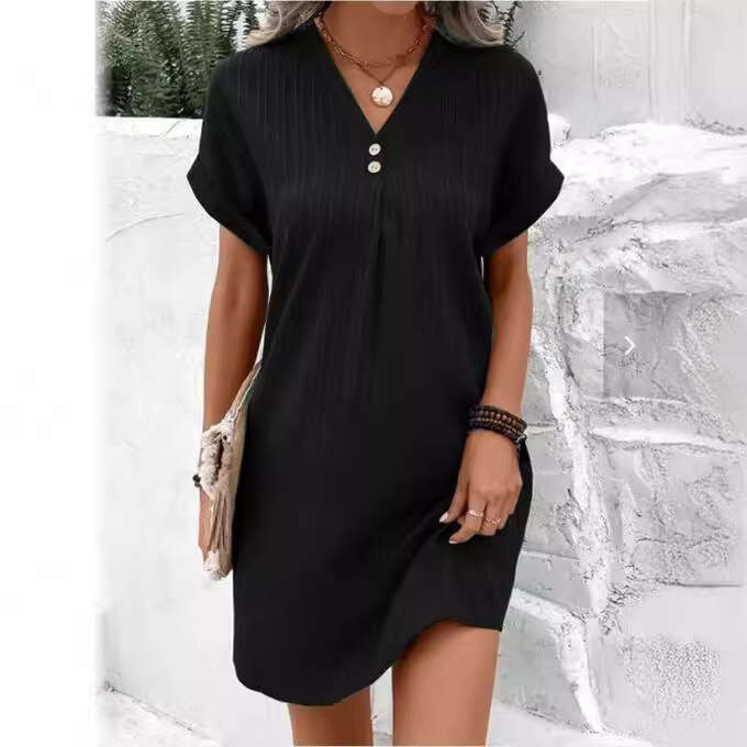 Cross-border European and American women's clothing 2026 new V-neck solid color pullover comfortable casual button dress
