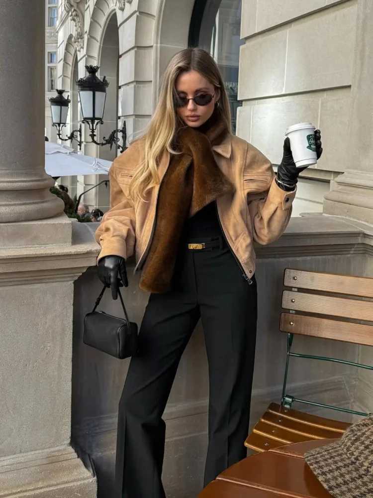 Brown Retro Suede Lapel Zippered Short Jackets Womens Casual Full Sleeves Pocket Loose Coats 2026 Spring Daily Commute OutwearT260328