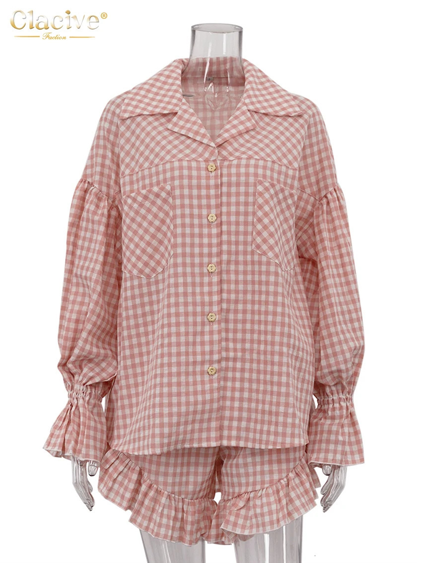 Clacive Fashion Loose Stripe 2 Piece Sets Women Outfit Elegant Long Sleeve Shirt With High Waist Ruffle Shorts Set Female 260326