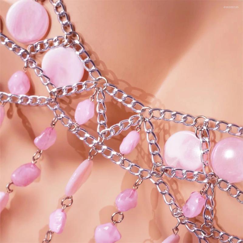 Women's Swimwear Pink PVC Hollow Out Bra Chain Metal Halter Tops Camis Sexy Backless Acrylic Beading Tassel Breast Party Night Clubwear