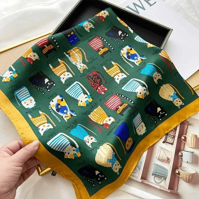 Trendy Cat Print Imitation Silk Scarf for WenSoft Satin BandanaVersatile for NeckHair Bag Ladies Scarf X260328