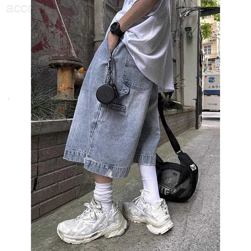 2025 Summer Mens Blue Vintage Y2K 2000s Wide Leg Baggy Casual Denim Shorts Harajuku Aesthetic High Waist Loose Fashion Shorts H260330