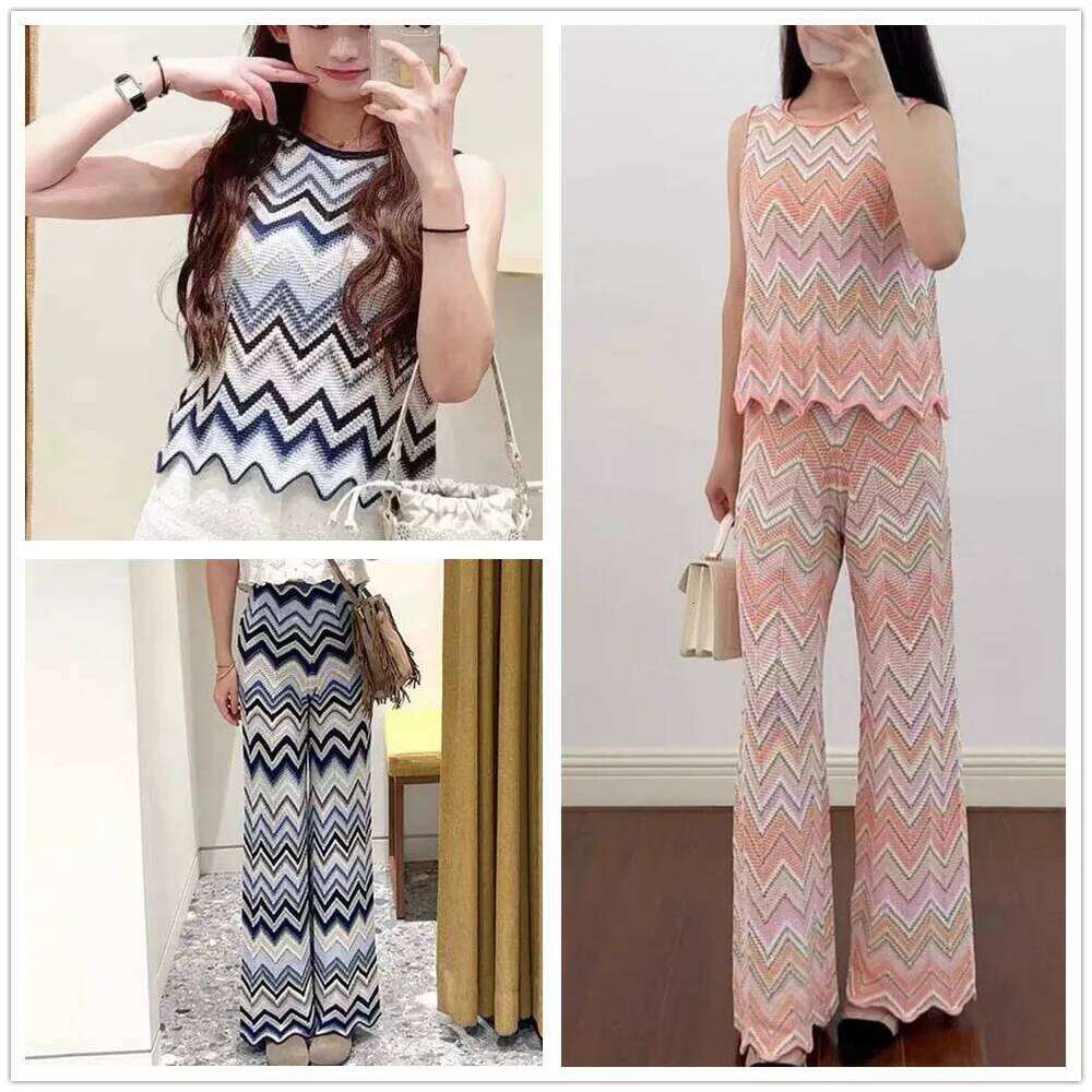 Contrasting Wave Pattern Women Clothes Sleeveless O-Neck Sweater Vest Tank Top Or Casual Long Pants For Female Mdng260330