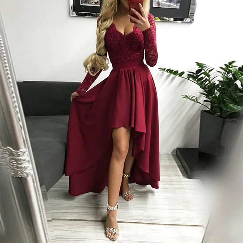 Evening Party Date Asymmetric Satin Hollow Out Floral Lace Long Dress Women Spring Summer Royal Blue Burgundy Red Maxi Dresses J190611