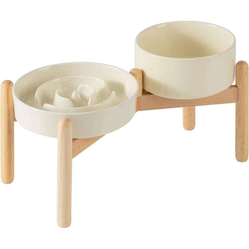 Ceramic Raised Slow Feeder Dog Bowl Set with Wooden Stand for Medium and Small Dogs, Anti-Gulping Design in Beige 26W0330