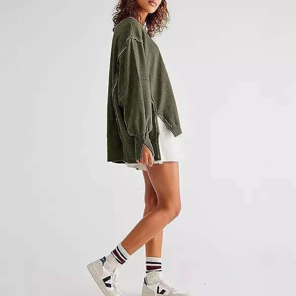 European American Clothing 2026 Fall/Winter New Women's Oversized Round Neck Sweatshirt with Side Slits and Long Sleeves