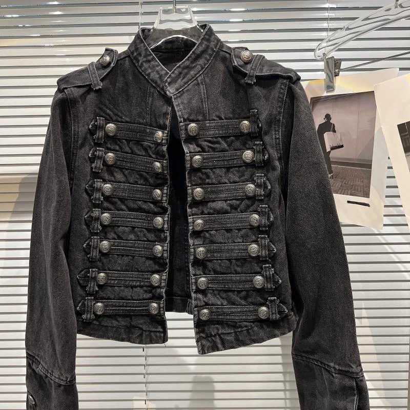Punk Style Black Stand Up Collar Denim Jackets Vintage Washed Motor Coat For Women 2025 Autumn New Loose Long Sleeve OuterwearT260328