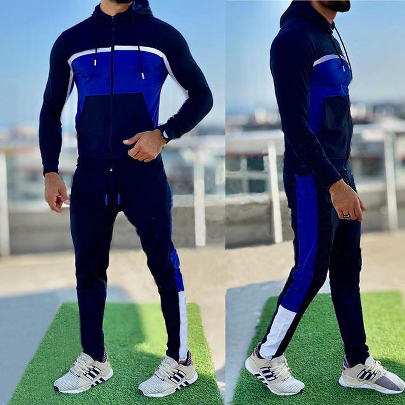 Cross-border men's clothing, color-blocked sports suit, one-piece hooded autumn jacket, sporty casual outfit, trendy long-sleeve style