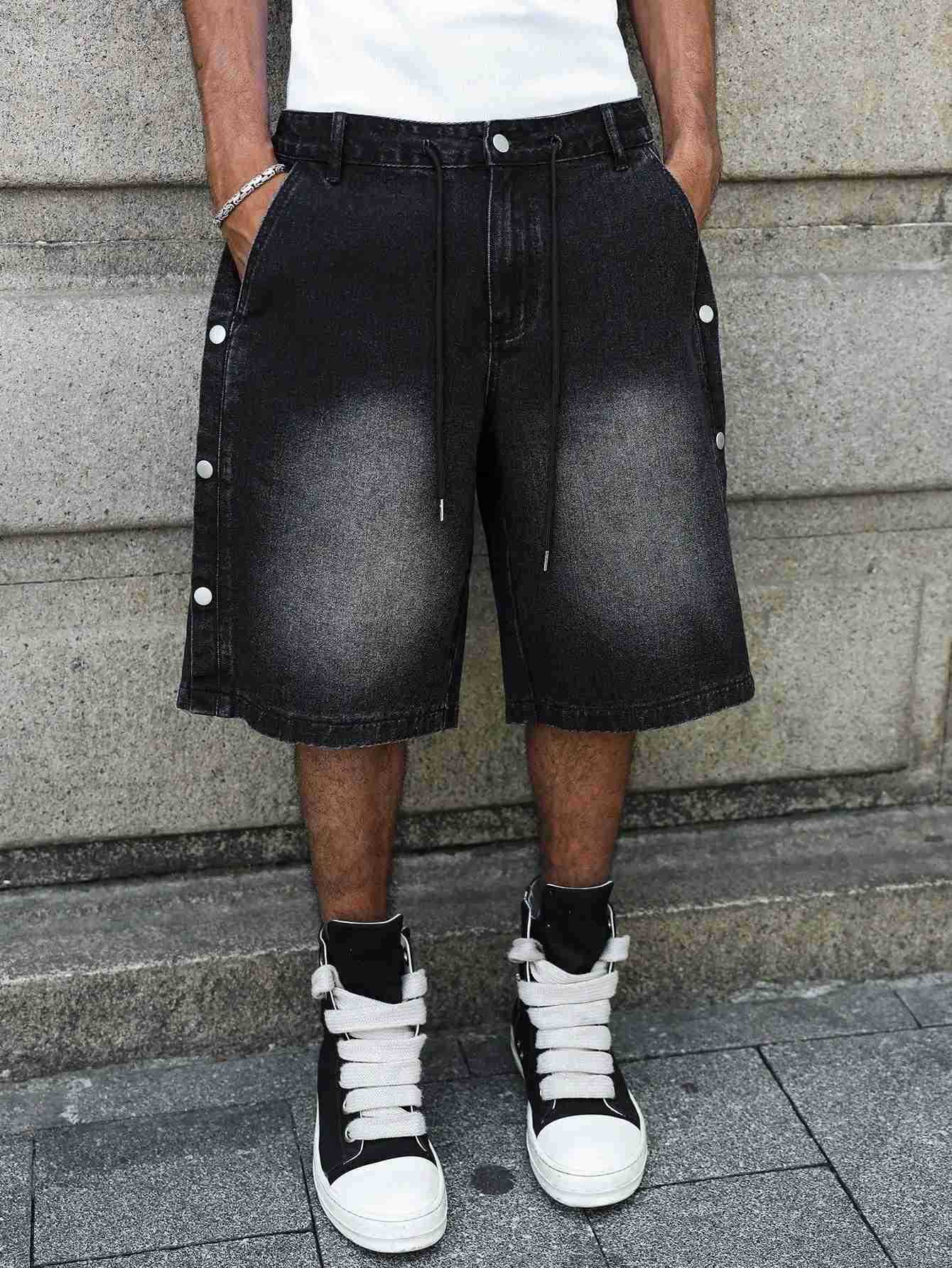 Mens Summer Casual Denim Shorts - Black-Gray Gradient with Distressed White Effect Street Daily Outing Knee-Length Shorts H260330