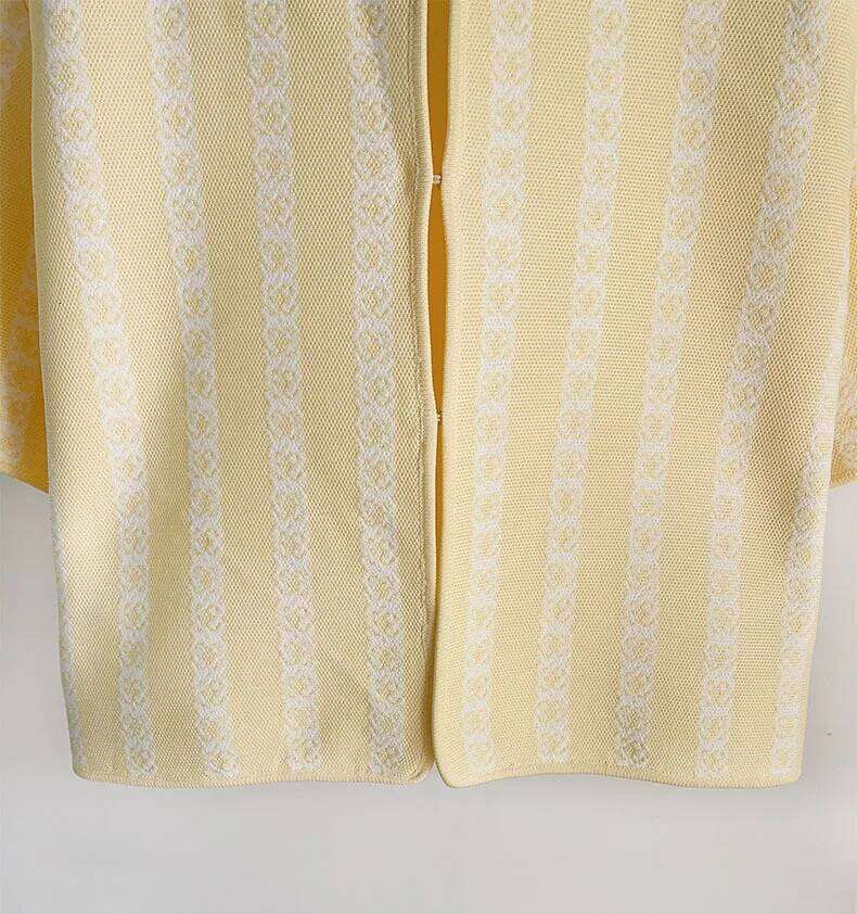 Striped Jacquard Women Yellow Knitted Tank Dress Sleeveless A-Line Vest Robe Or Short Sleeve Female Cardigan Single-Breasted Top Mdng260330
