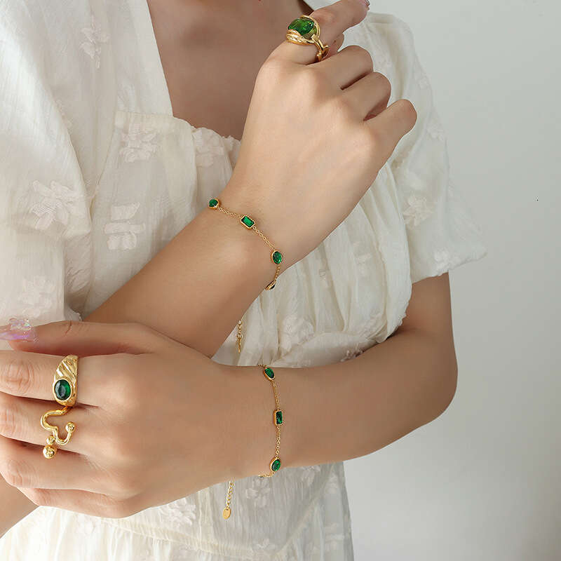 Chinese Retro Palace-style Square Green Zircon Titanium Steel Bracelet, Elegant And Delicate Metal Jewelry