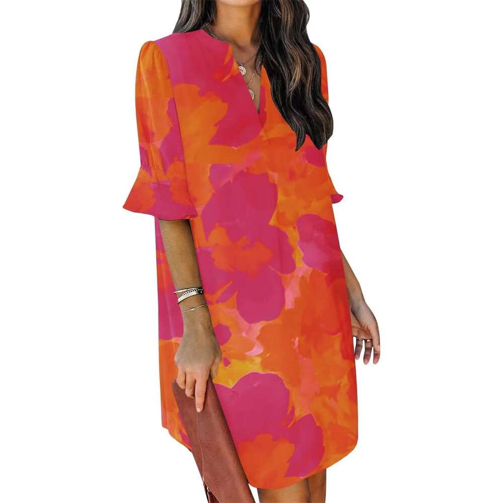 Summer Dresses For Women V Neck Ruffle Short Sleeve Casual Shift Dress Qipao Hanfu Silk