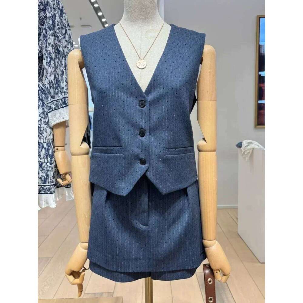 Diamond Embellished Women's Stripes Clothing Single-Breasted Blazer Coat Sleeveless Vest Outwear , Shorts Skirt Or Suit Pants Mdng260330