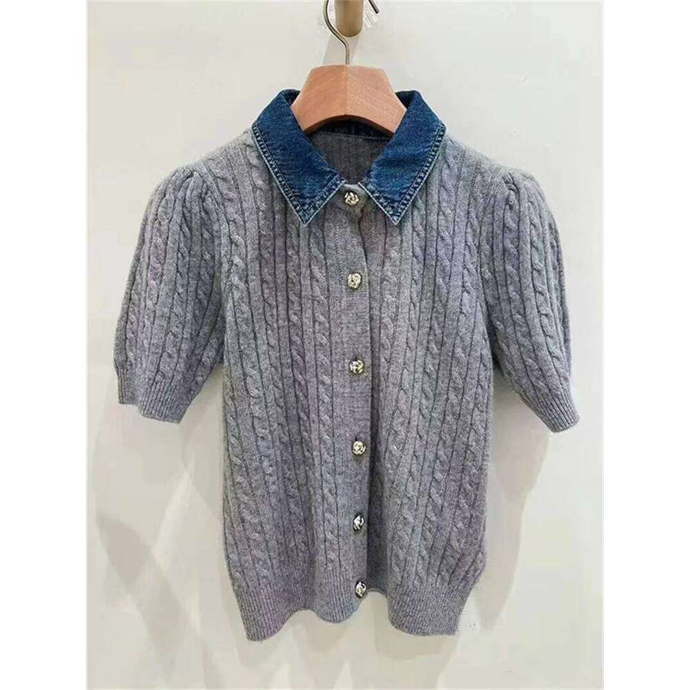 Women's Gray Gold Single Breasted Denim Splicing Twist Sweater 2025 New Knitted Cardigan Mdng260330