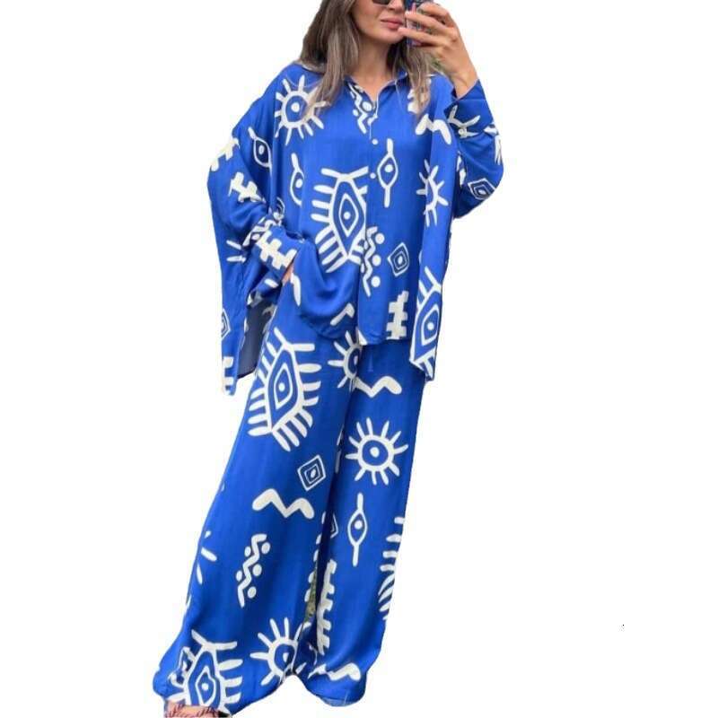 Women's Clothing 2025 New Fashion Printed Loose Top With Tie High-Waisted Wide-Leg Pants Two-Piece Set, Comfortable And Casual Asia Size