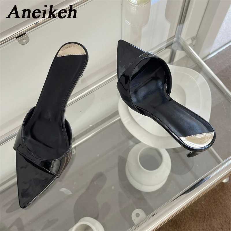 Aneikeh Fashion Sexy PU Shallow Slim High Heels Women Pointed Open Toe Outdoor Solid Color Anti Slip Sandals Slippers Mules Z260330