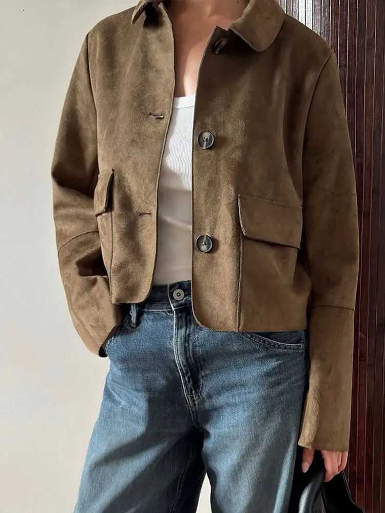 HH Women Vintage Solid Suede Coat Lapel Single Breasted Long Sleeve Jacket With Pockets Autumn Casual Outwear Short JacketsT260328