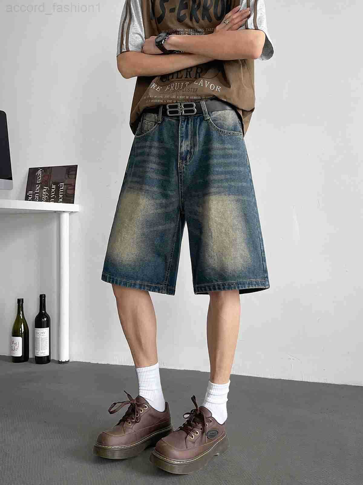 2025 Men Summer Vintage High Waist Denim Shorts Mens Loose Wide-leg Short Pants Male Fashion Pockets Straight Jeans Shorts D533 H260330