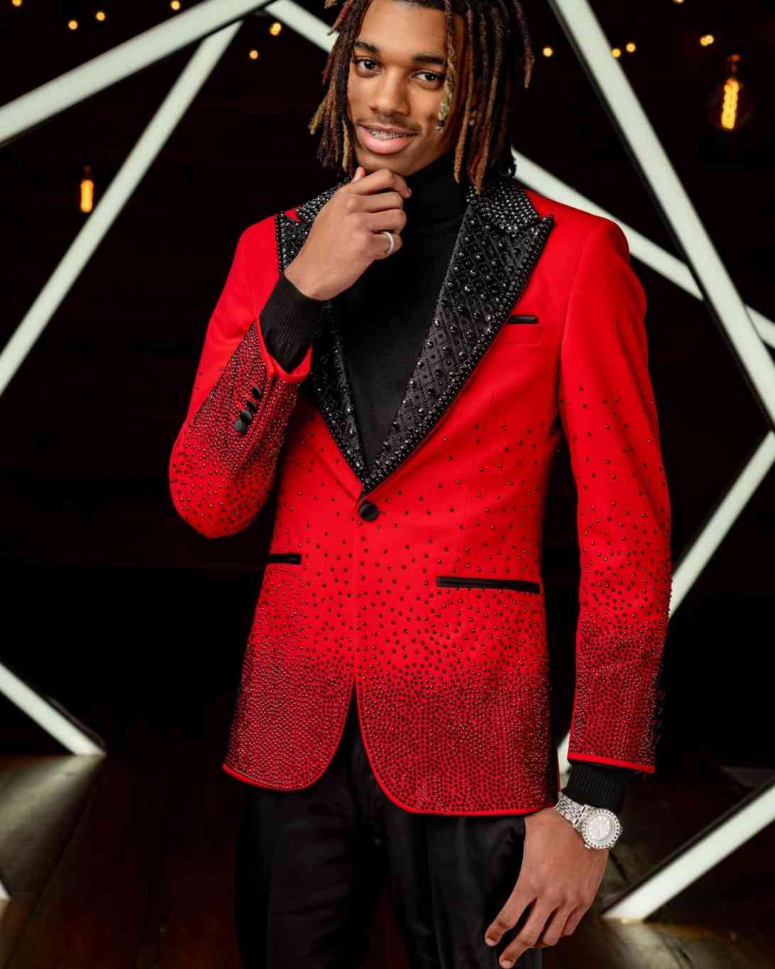 Fashion Red Beaded Prom Blazers Sets One Button Peaked Lapel Pant Jacket Loose Fit Customized Groom Wear 2 Pieces